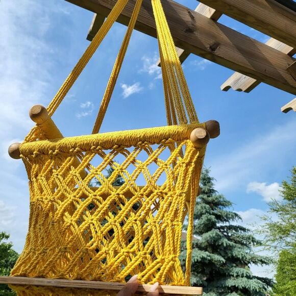 Small Macrame Crochet Cotton Yellow Plant Holder Chair Decor Earthy - Picture 6 of 10